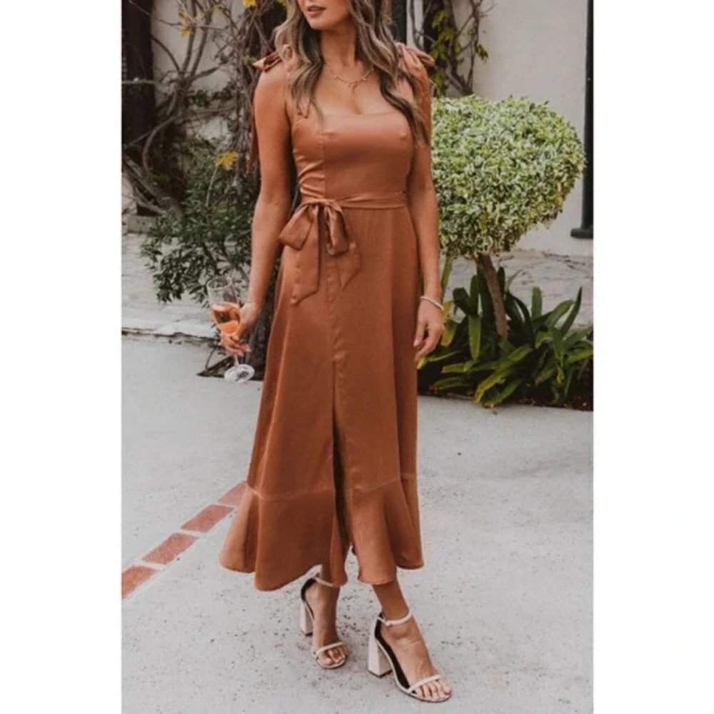 Show Me Your Mumu Claire Midi Dress in Copper Luxe Satin "NO SASHES"